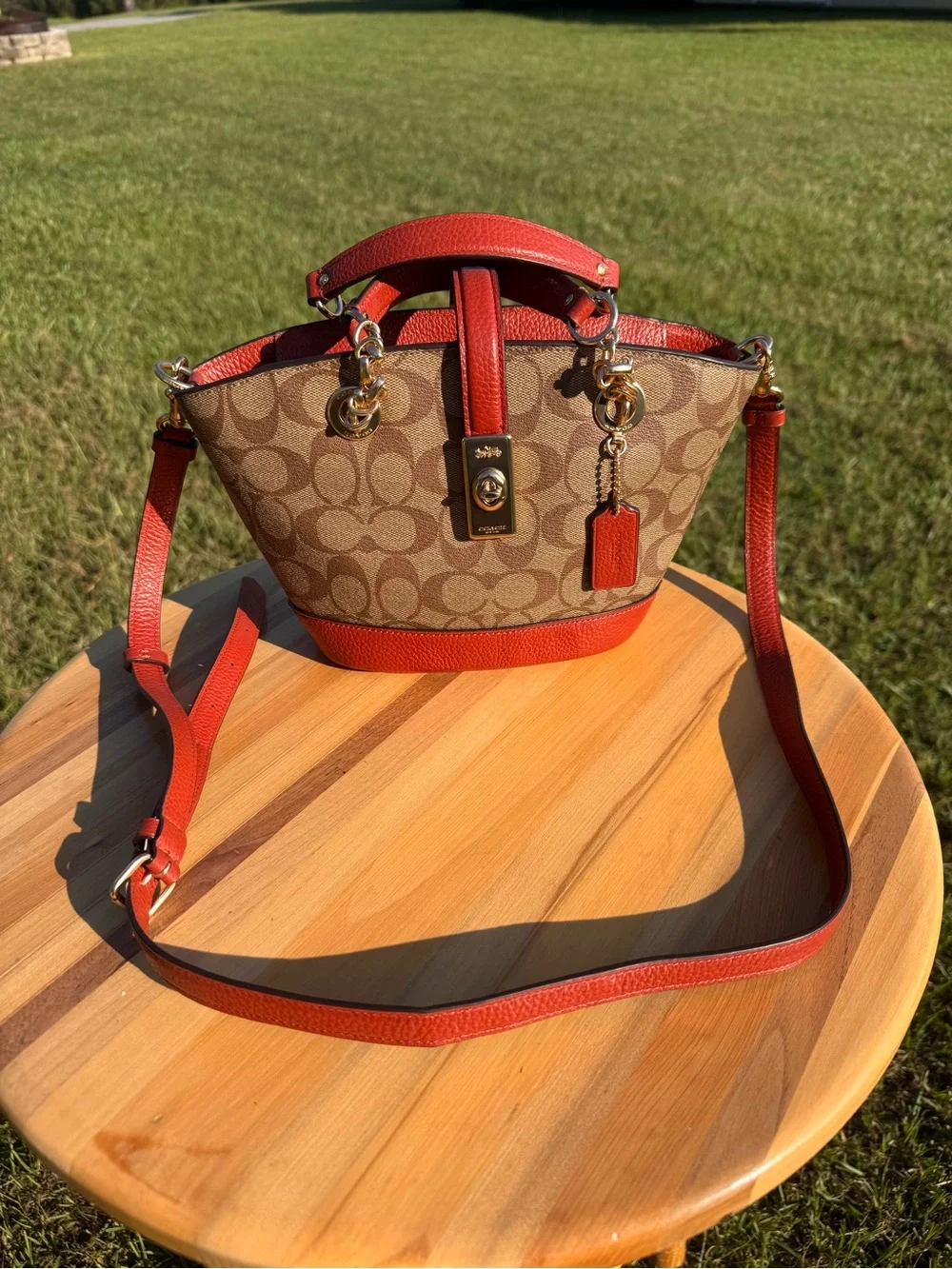 Coach Lane Bucket Tan Signature Canvas Satchel with Leather Trim
